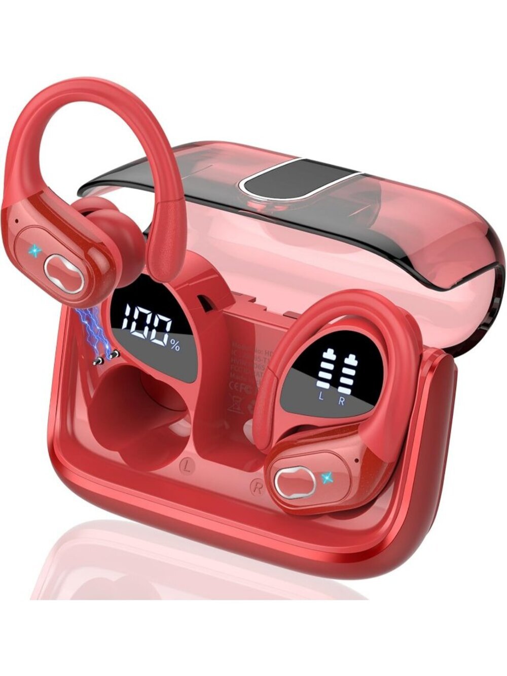 Wireless Red Earbuds 75hrs Bluetooth 5.4 Stereo Deep Bass Earhooks ENC Noise